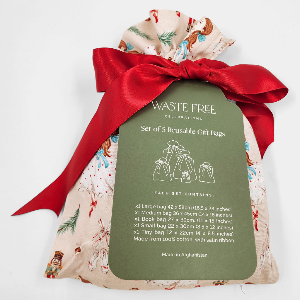 Set of 5reusable gift bags in a hand-painted design featuring Clara dancing with the Nutcracker.