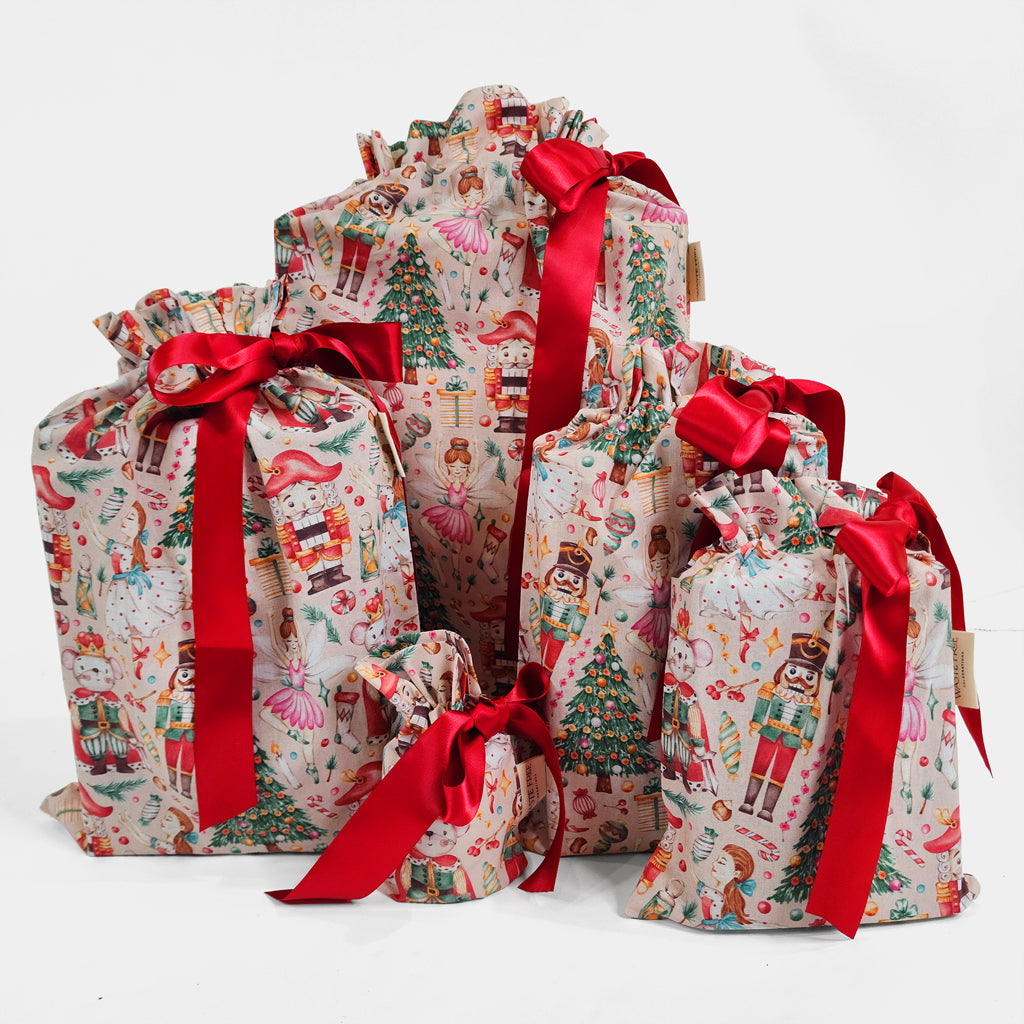 Set of 5 reusable gift bags in a hand-painted design featuring all the characters from The Nutcracker.