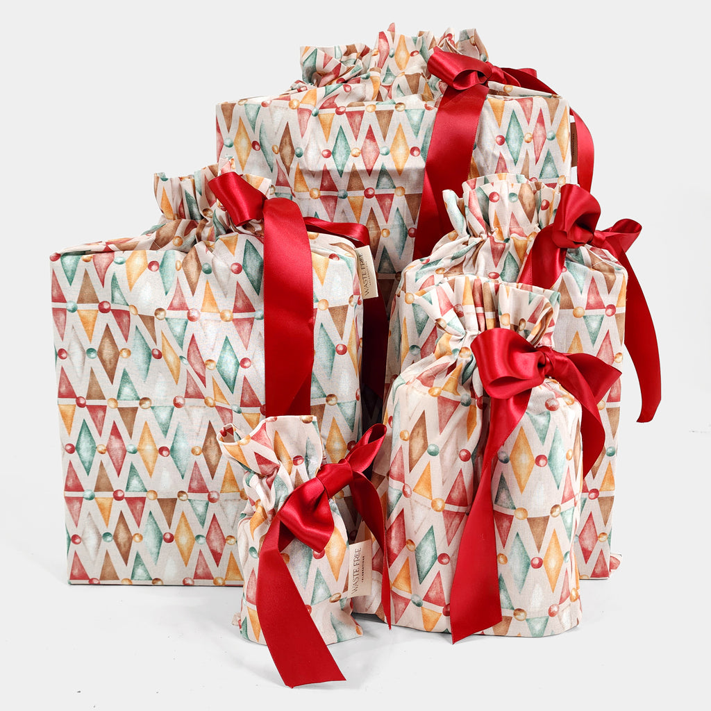 Set of 5 reusable gift bags. Geometric harlequin all-occasion design.