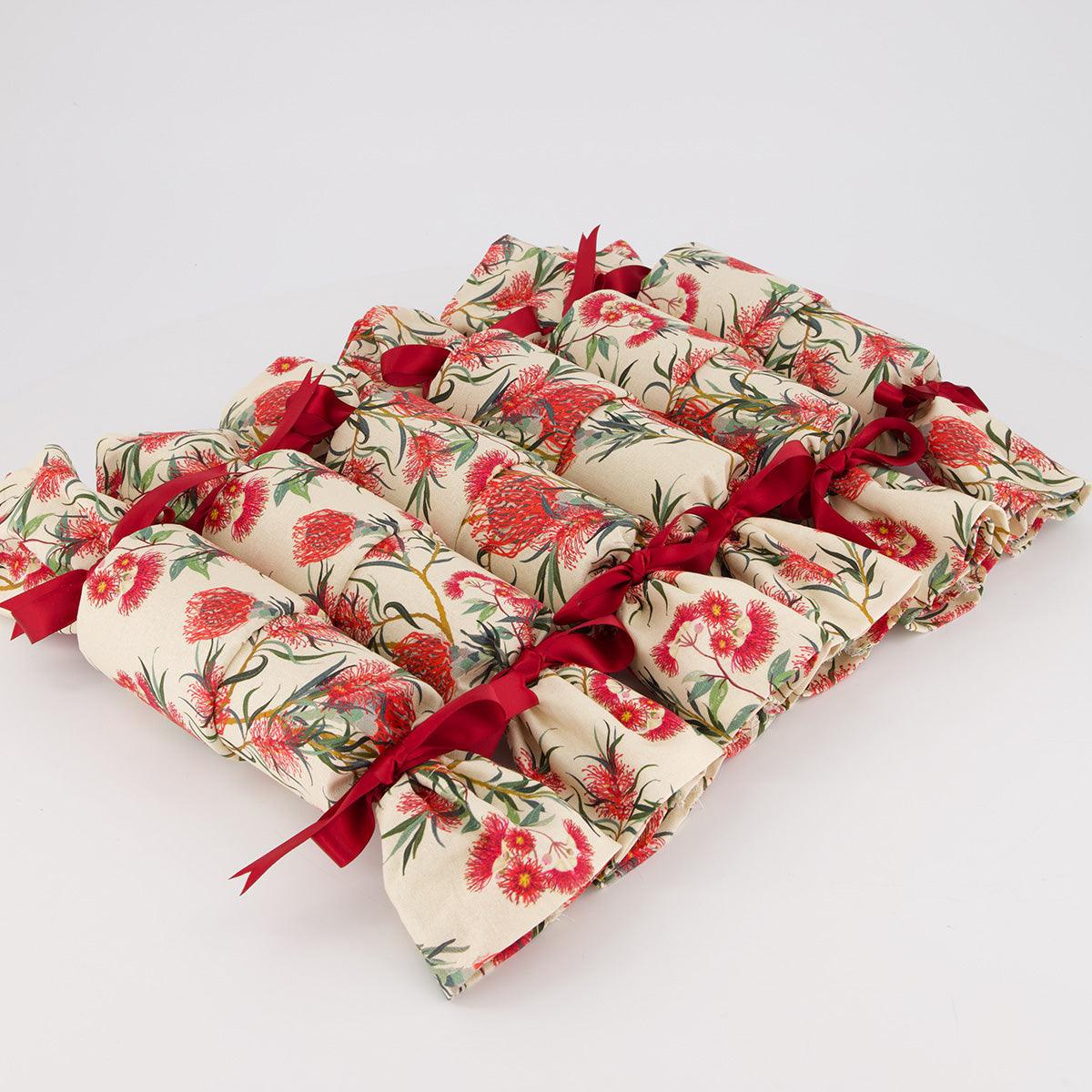 Eucalyptus reusable Christmas crackers — Australian native flowering gum in bold red — handmade in Afghanistan