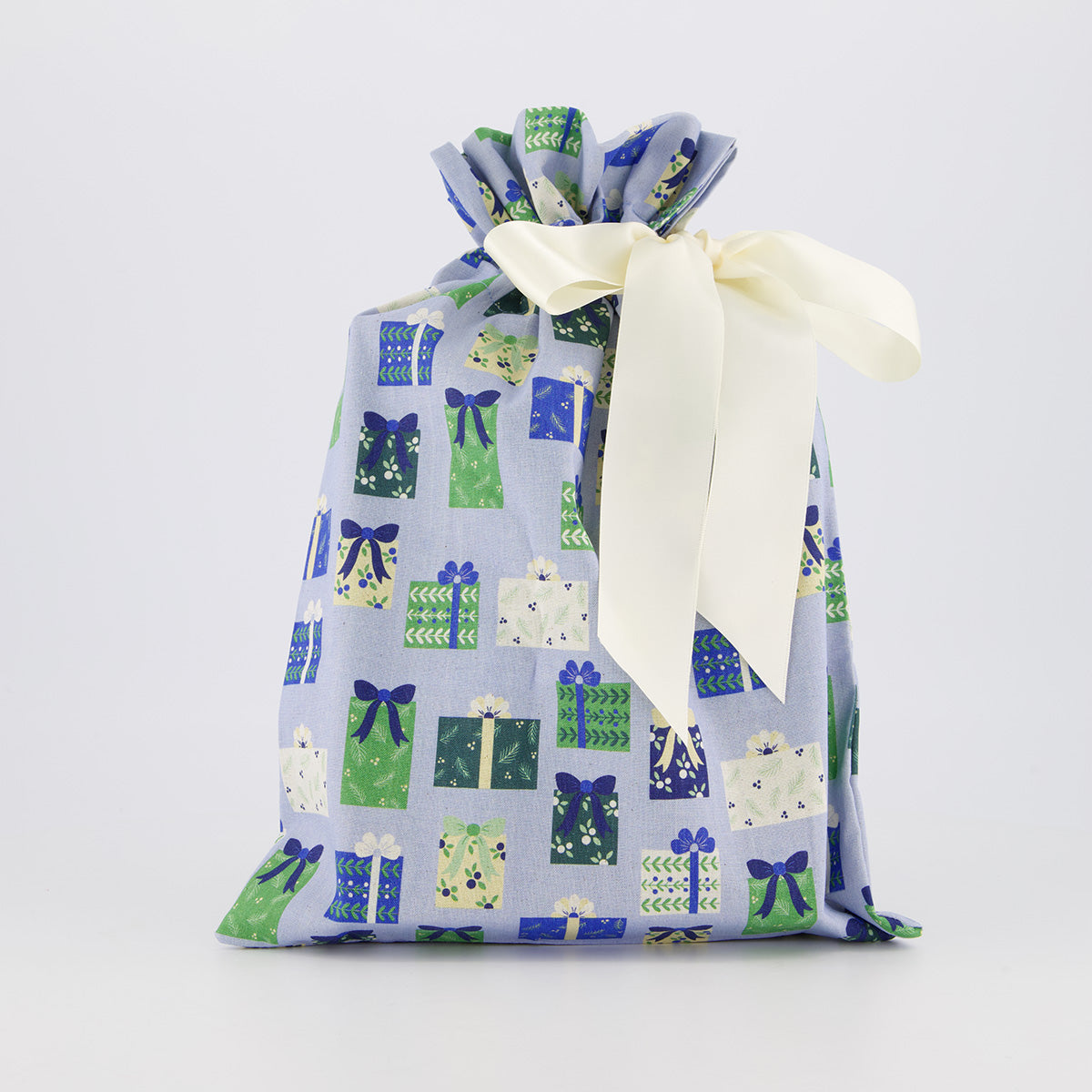 Book reusable gift bag — illustrated gift box print in soft blue, sage and cream — handmade in Afghanistan