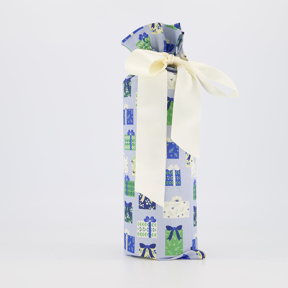 bottle reusable gift bag — illustrated gift box print in soft blue, sage and cream — handmade in Afghanistan