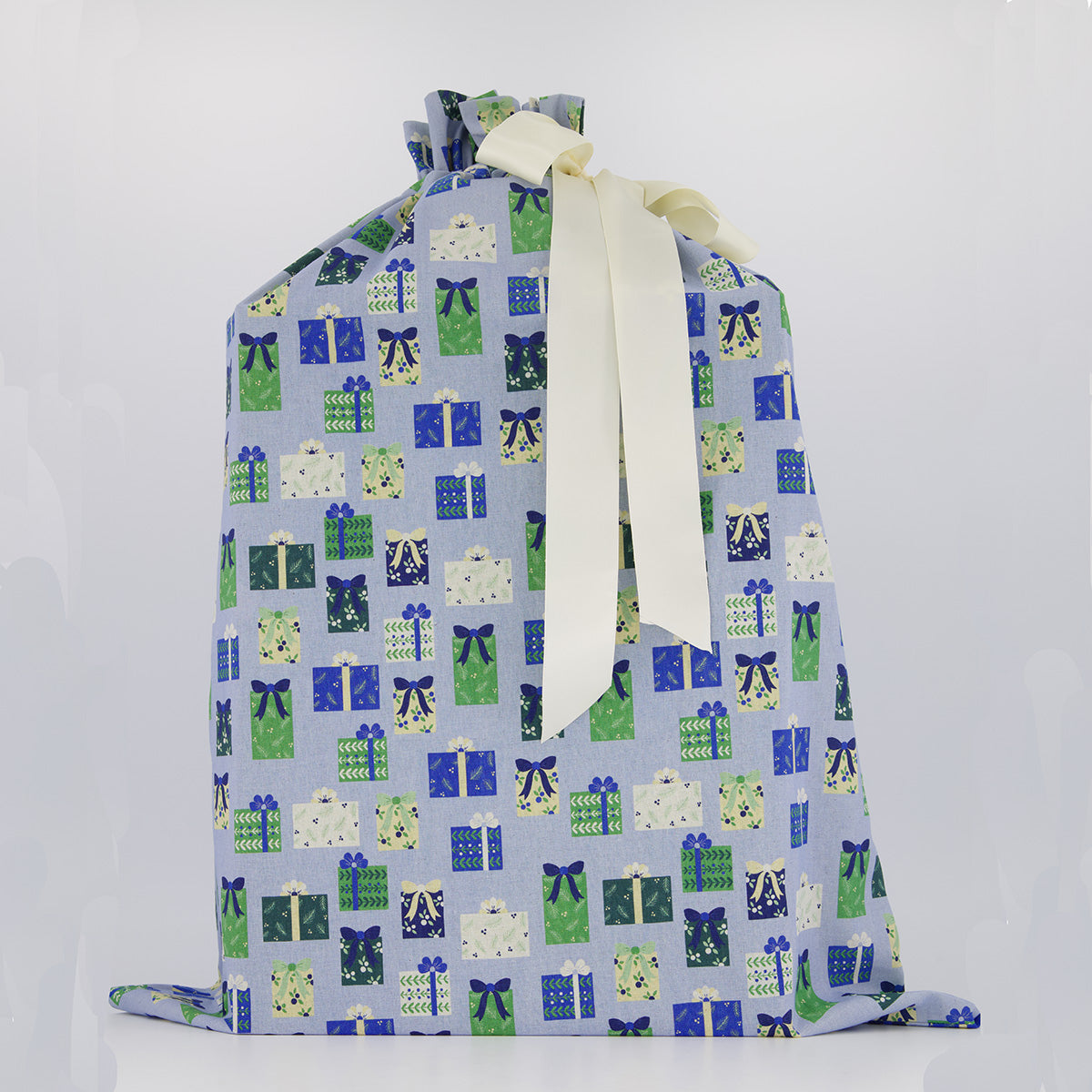 Santa Sack reusable gift bag — illustrated gift box print in soft blue, sage and cream — handmade in Afghanistan