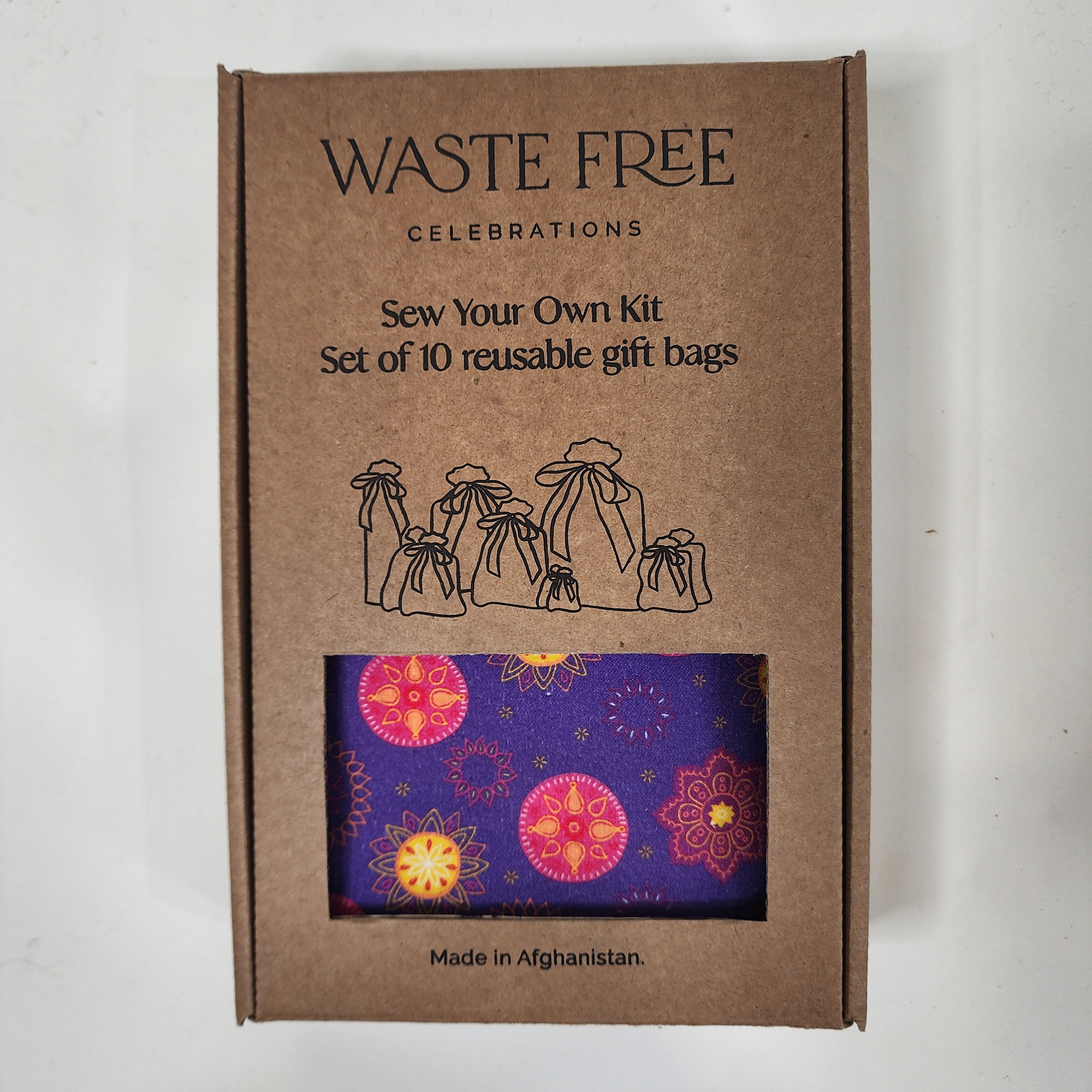 Set of 10 reusable gift bags including a huge santa sack in a vibrant purple and hot pink mandala design with a bright yellow bow