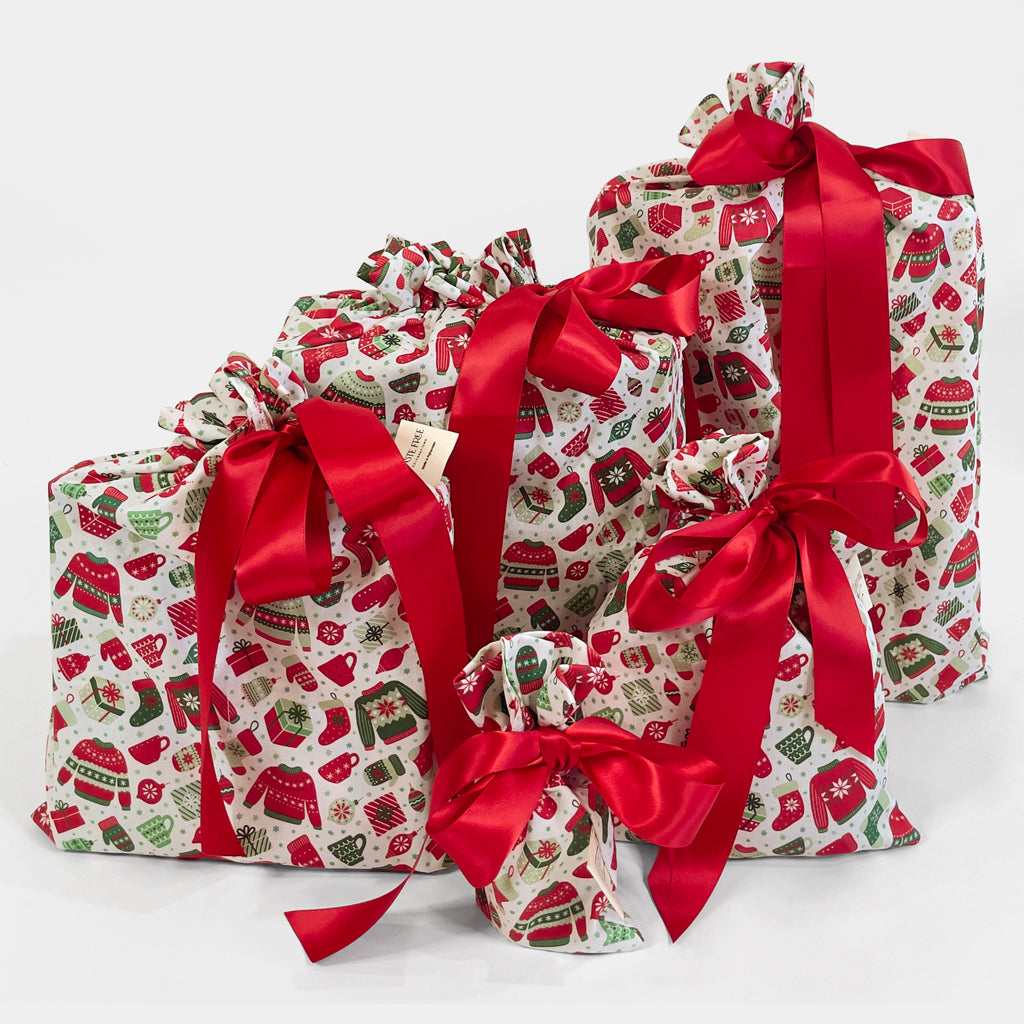 Set of 5 reusable gift bags. Scandi Ugly Sweater design. 