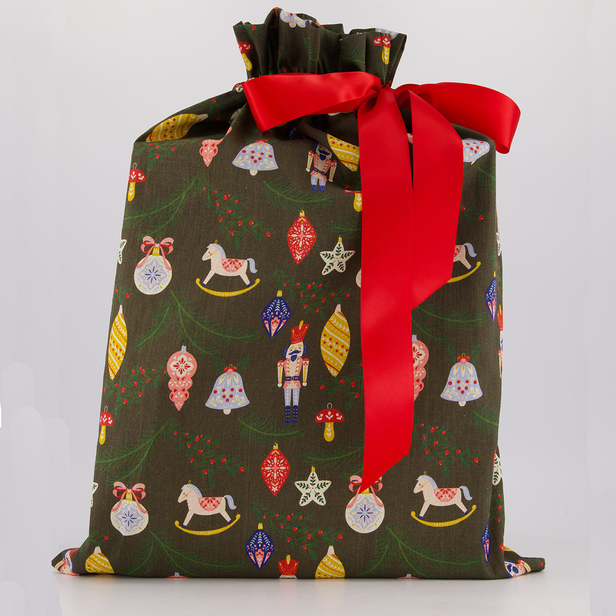 Large reusable gift bag — bold folk print in green, red and navy — handmade in Afghanistan