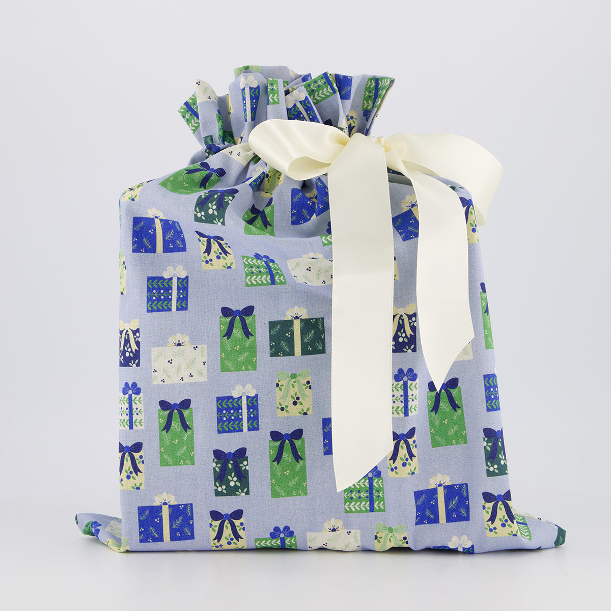 Medium reusable gift bag — illustrated gift box print in soft blue, sage and cream — handmade in Afghanistan